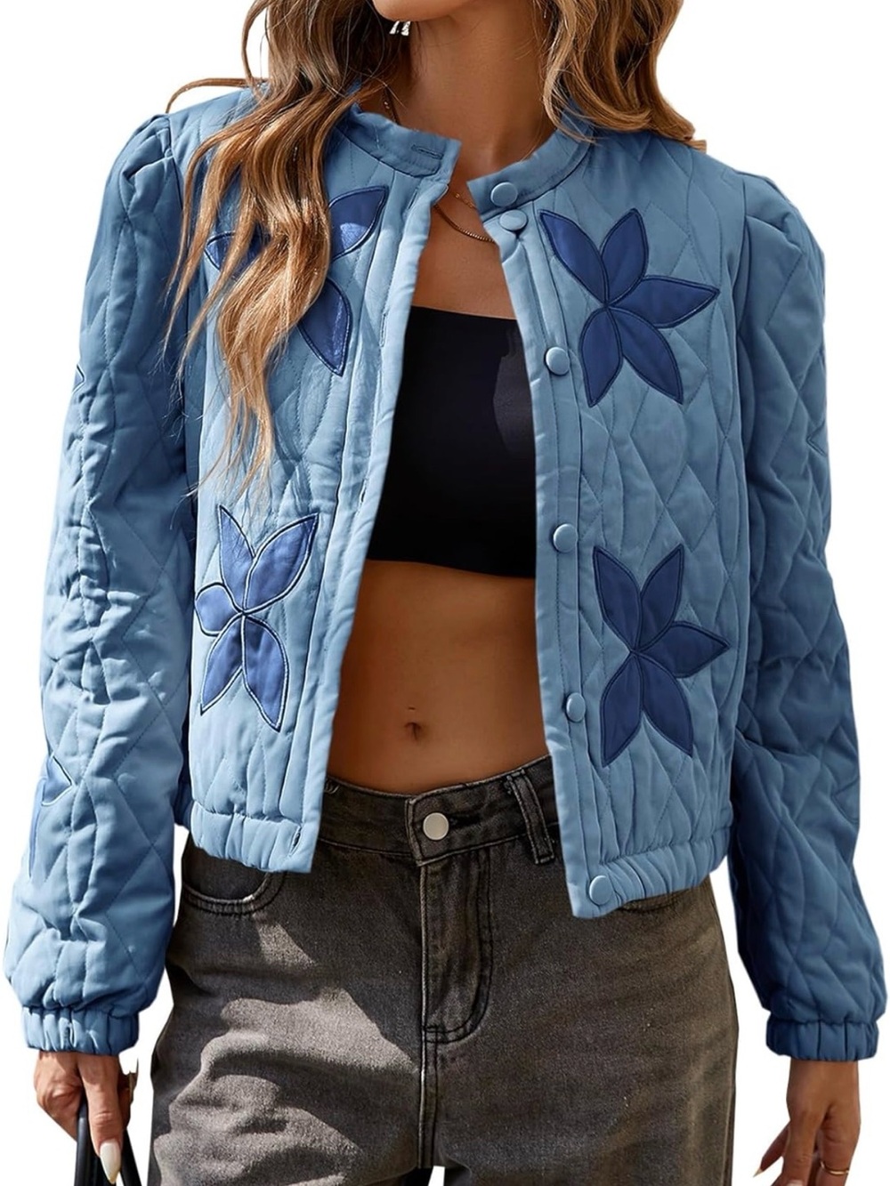 Light Blue Quilted Floral-Appliqué Puffer Jacket - Women's